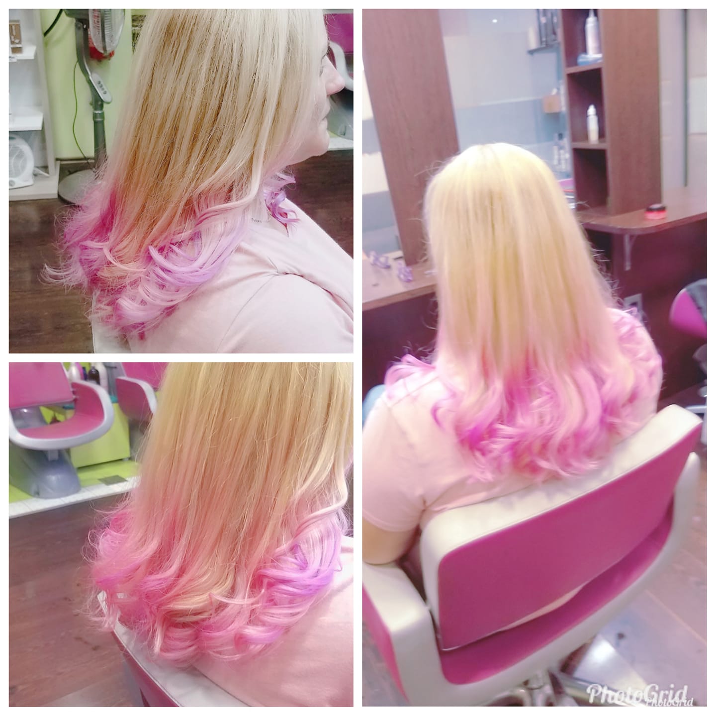 Hair styling portfolio showcasing vibrant pink and blonde ombre hair