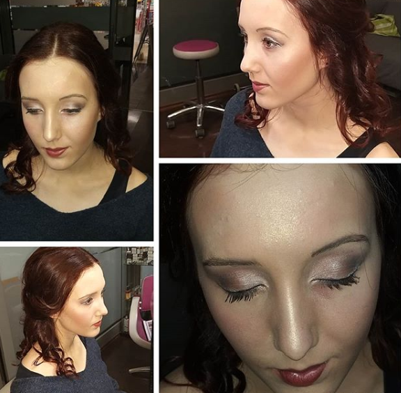 Collage of a woman with makeup and styled hair in a salon setting